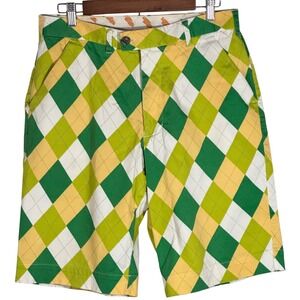Loud Mouth Golf Shorts Men's 32 Argyle Green Yellow‎ Chino Stretch